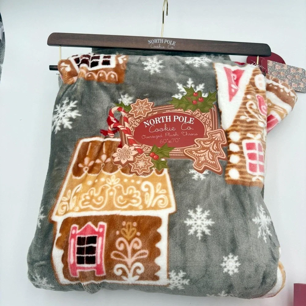 North Pole Cookie Co. Plush Throw Blanket‎ 60x70 Grey Gingerbread House